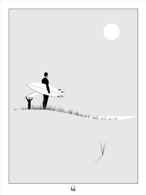 Affiche duo surfeurs dans les Landes par Gil. Illustration minimaliste noir et blanc. Formats 30x40 et 50x70 cm disponibles.
